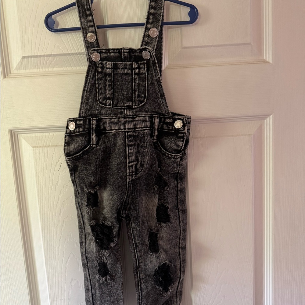 Distressed Black Denim Overalls